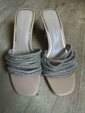 White House Black Market Silver Crystal-Strap Nude Slides and Matching Belt